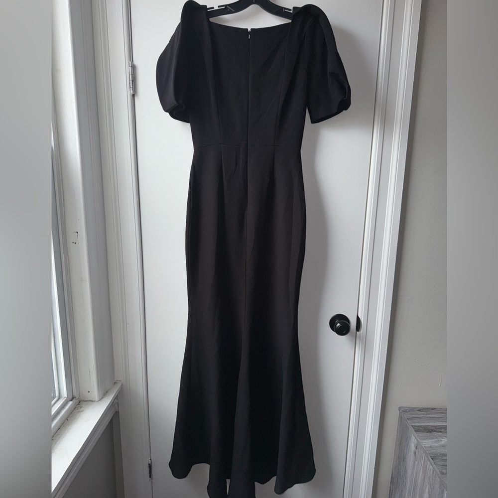 Badgley Mischka Gathered Crepe Black V-Neck Maxi Gown Statement Puff Sleeves - Picture 14 of 16